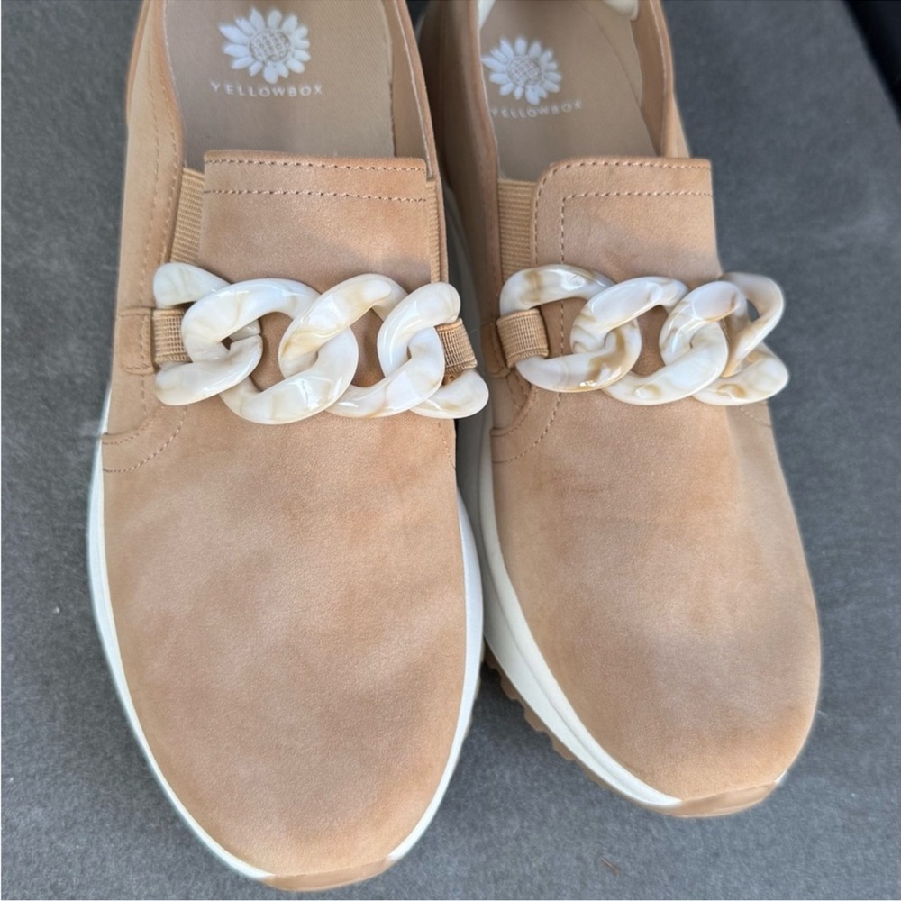 NEW Yellow Box Tan Flats with Chain Accent
